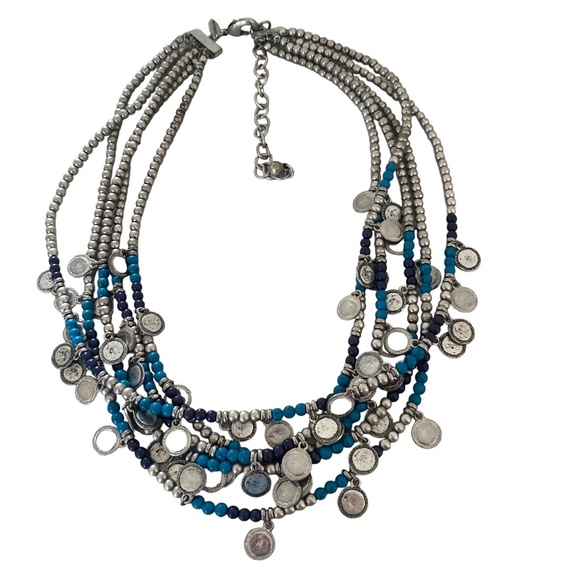 Chico's Jewelry - Chico's Boho multi strand silver tone blue draped necklace dangling turquoise